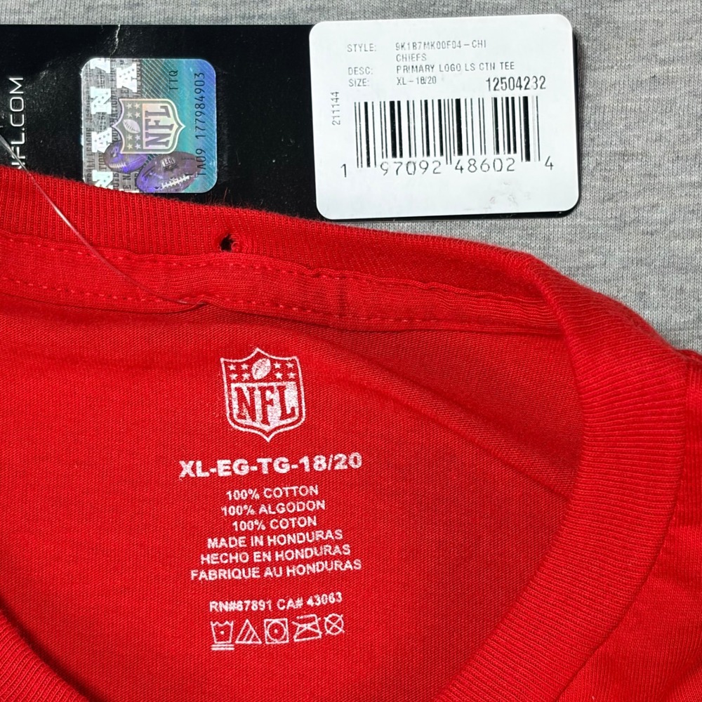 NFL Kansas City Chiefs Kids XL 18/20 Red Long Sleeve Primary Logo T-Shirt 9K1B7 - Picture 3 of 8